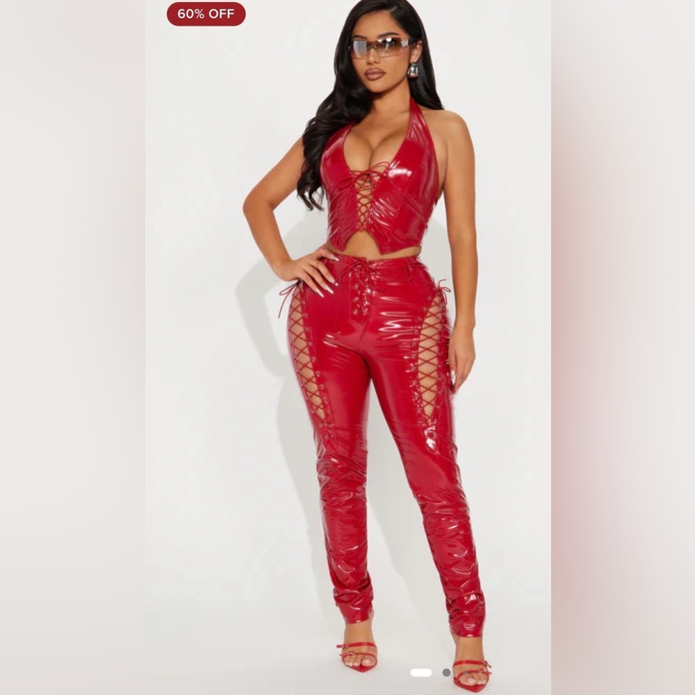 Fashion Nova Joslin Faux Patent Leather Pant Set - Red